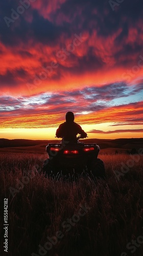 Sunset ATV ride in the open field with vibrant sky colors