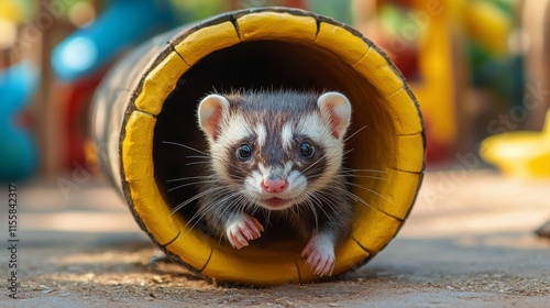 Ferret exploring a colorful tube in a playful indoor setting at a pet facility