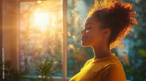 Woman enjoying tranquility in sunlight with plants in the background during g...