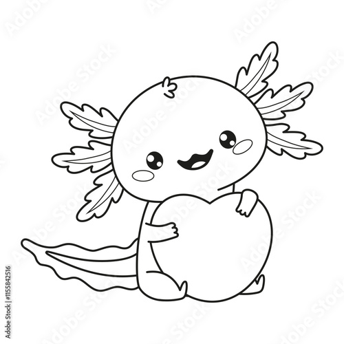 Outline Cute Romantic Axolotl hugs big heart valentine. Little festive cartoon pink kawaii character. Line drawing, coloring book. Vector illustration. Kids collection