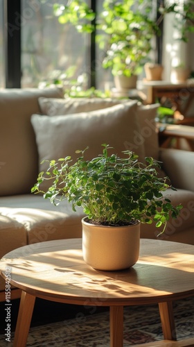 Cozy living room with stylish wooden table and indoor plants