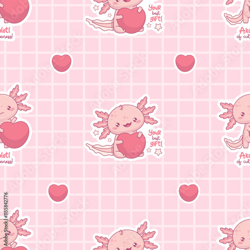 Seamless pattern with cute Axolotl with big heart on checkered pink background.  Romantic valentine backdrop. Funny Little cartoon kawaii character. Vector illustration