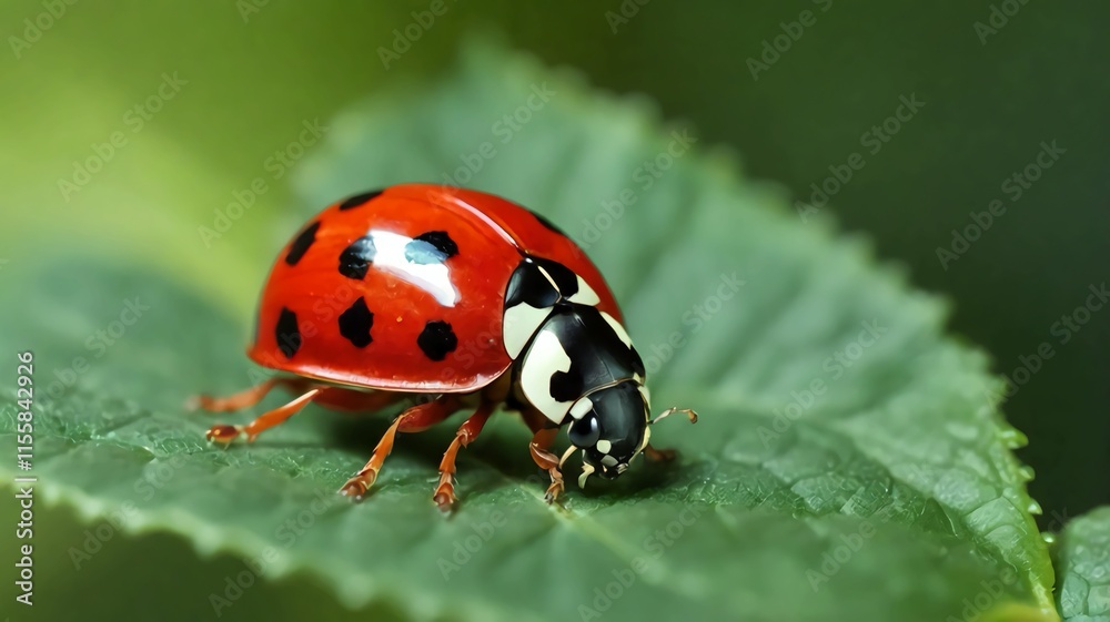 Obraz premium A ladybug crawls along the edge of a leaf, its tiny red body a contrast against the green