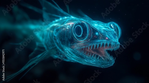 Design a close-up view of the Sloane viperfish (Chauliodus sloani) with its distinctive large, sharp teeth and bioluminescent features photo
