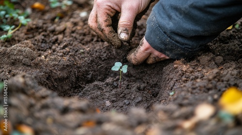 Planting a young sapling in the earth during a conservation activity in a for...