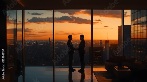 Two Silhouettes Stand Holding Hands at Sunset Over Cityscape photo