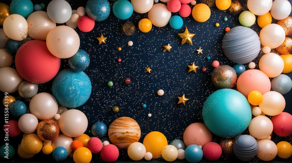 Colorful Balloon Arrangement with Sparkling Stars on a Dark Background for Creative Projects and Celebrations Colorful Balloon Arrangement with Sparkling Stars on a Dark Background for Creative Projects and Celebrations