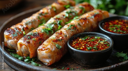 Fresh spring rolls with dipping sauces served on a wooden platter in a cozy s...