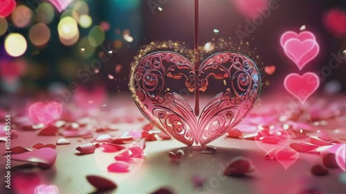 a romantic Valentine's Day background, a glass heart symbol pendant with pink fractal carvings
