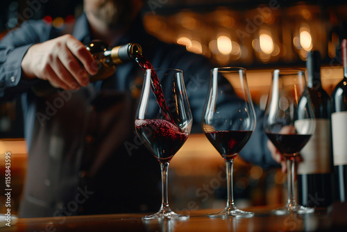 Generative AI image of sommelier pouring wine into glass during professional wine tasting in restaurant