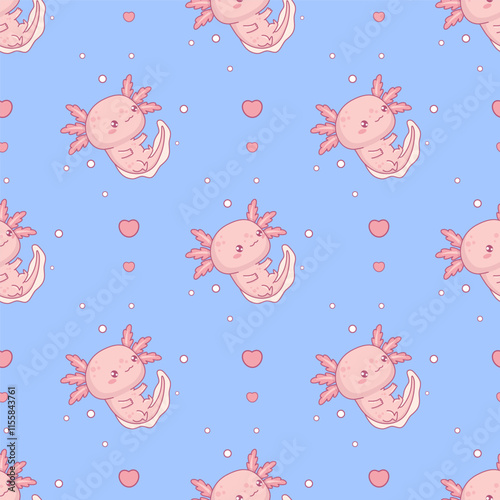 Seamless pattern with cute Axolotl on blue background. Funny Little cartoon kawaii character. Vector illustration