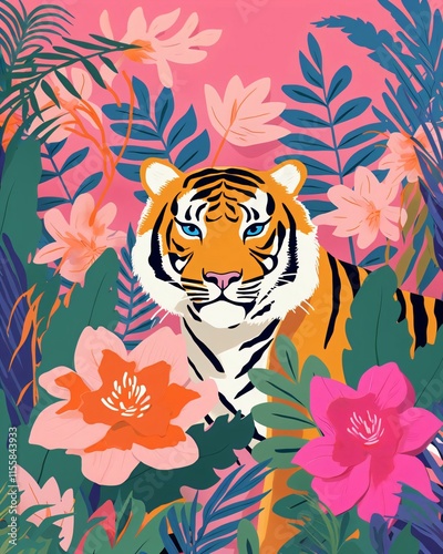 Majestic tiger stands vibrant jungle its striking blue eyes orangeblack stripes surrounded lush green plants tropical flowers shades pink orange photo