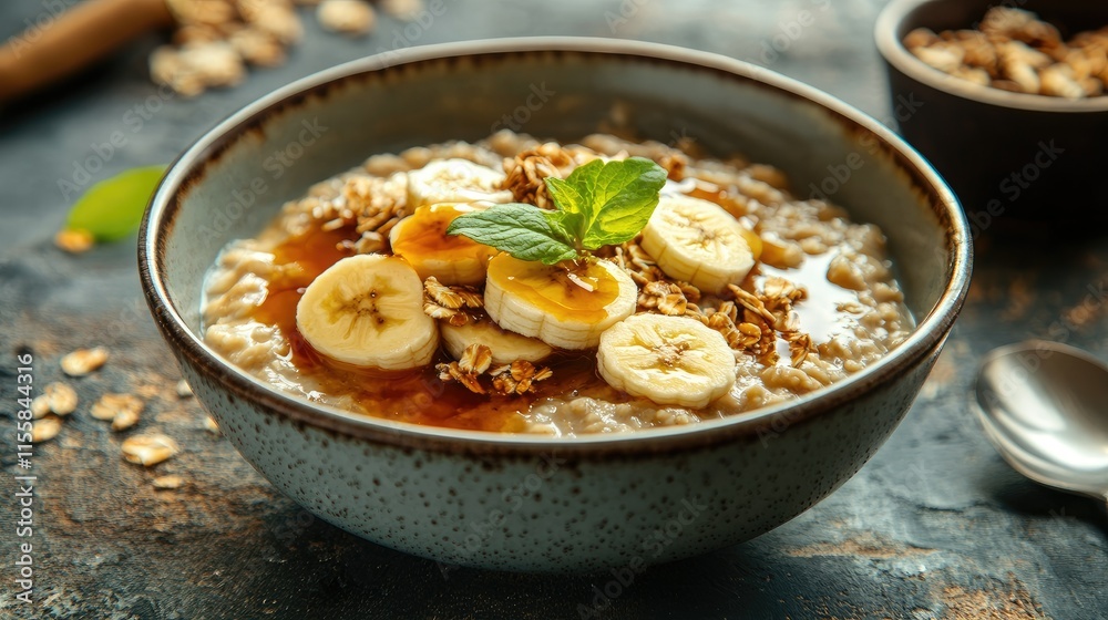 Bowl of oatmeal porridge with banana and caramel sauce on a rustic table, hot and healthy breakfast background Bowl of oatmeal porridge with banana and caramel sauce on a rustic table, hot and healthy breakfast background