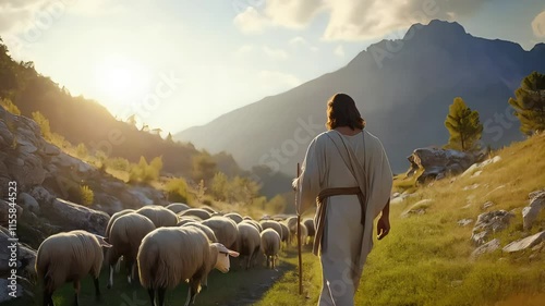 Man resembling Jesus walking with sheep. Concept: religion, faith, and guidance. Warm, natural lighting.