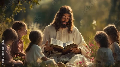 Man resembling Jesus teaching children. Concept: religion and innocence. Warm, natural lighting.