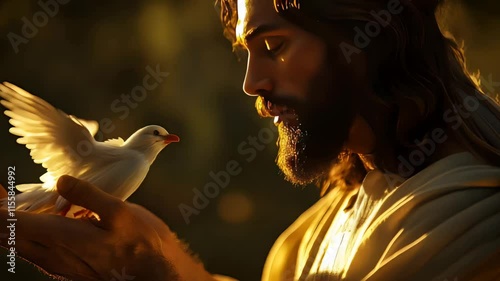 Man resembling Jesus holding a white dove. Concept: religion, peace, and spirituality. Soft, golden lighting.