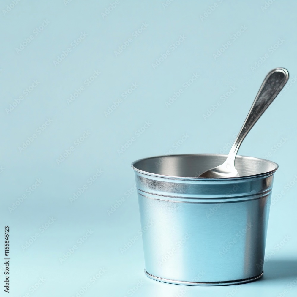 Small metal bucket with spoon on light blue background. Small metal bucket with spoon on light blue background.
