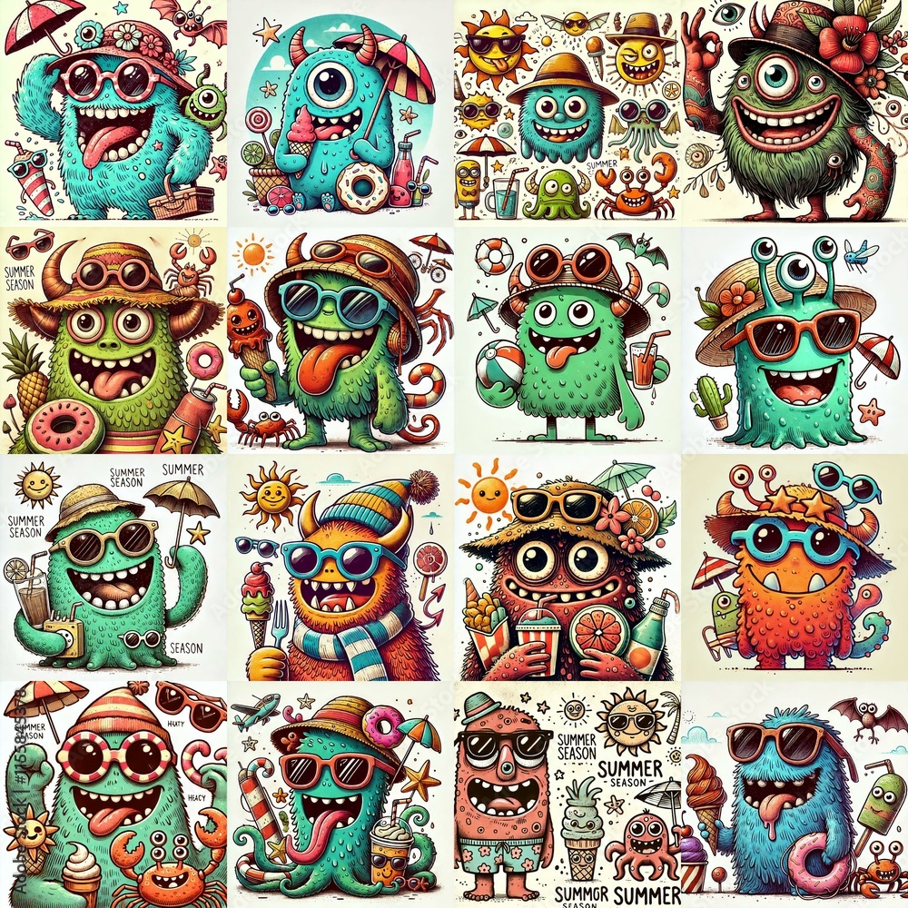 Obraz premium Cartoon spring monsters. AI generated illustration