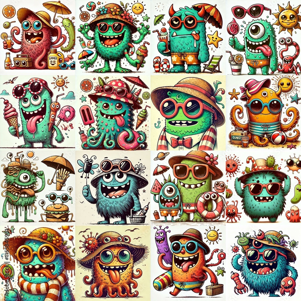 Fototapeta premium Cartoon spring monsters. AI generated illustration