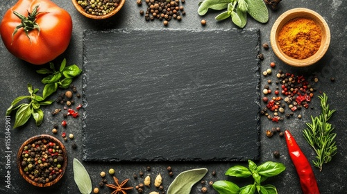 Culinary background  with kitchen slate board and aromatic spices. Empty place for menu or recipe. creating a rustic flat lay with space for personalized text.. Top view