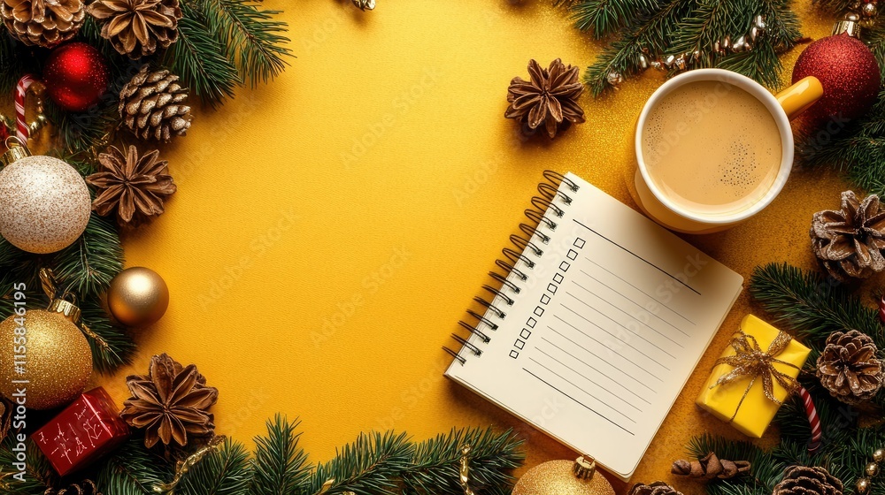Fototapeta premium Cup of coffee, holiday decorations and notebook with to do list on a golden background. Overhead view. Flat lay