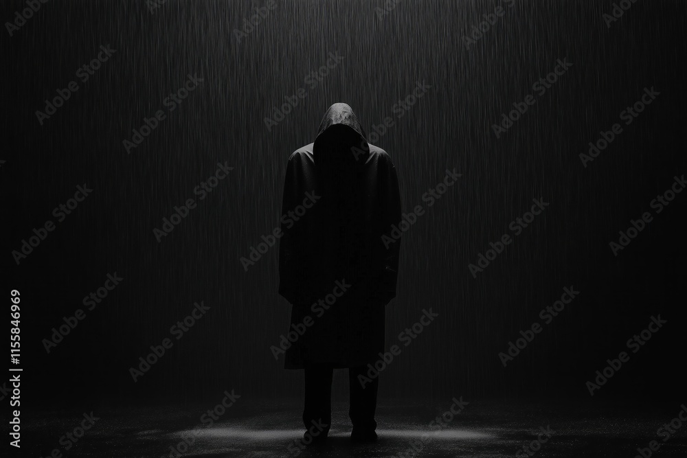 Obraz premium Dramatic Portrayal of Depression: Man in Rain, Dark and Alone