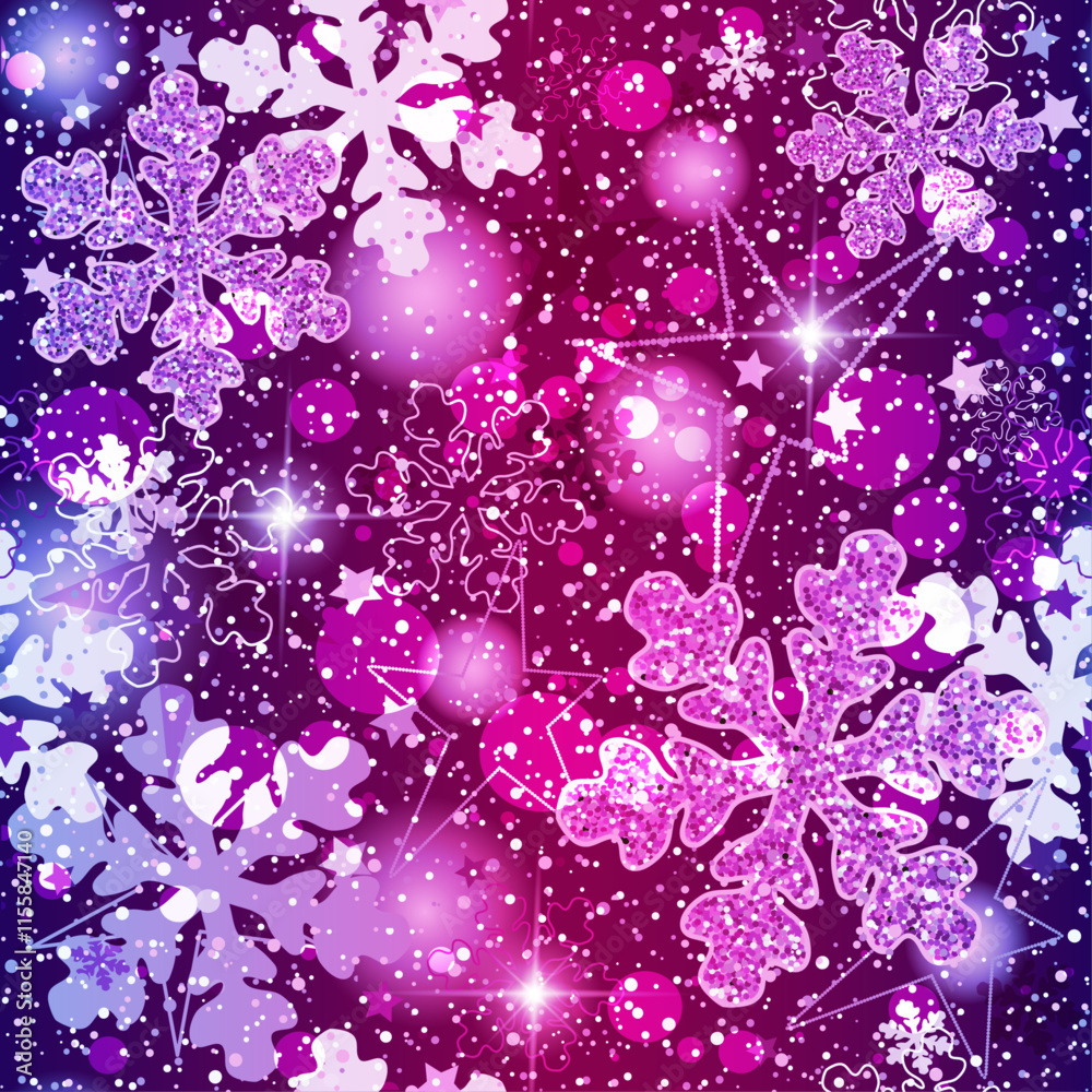 Seamless vector winter gradient pattern with doodle pink dotted  snowflakes and stars and spots on violet-purple background