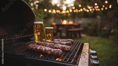 Evening barbecue gathering with grilled sausages and refreshments in a natura...