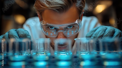 Scientist conducts experiment with test tubes in modern laboratory
