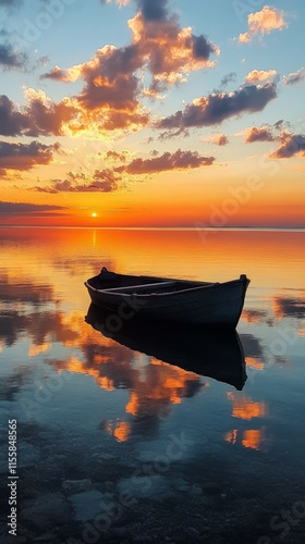 Tranquil boat floating on crystal clear water under a bright blue sky