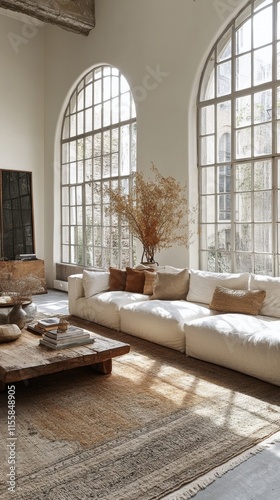 Sunlit modern living room with large windows and cozy furnishings surrounded ...