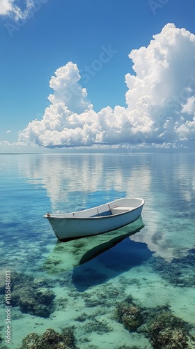 Tranquil boat floating on crystal clear water under a bright blue sky