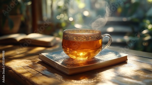 Beautiful tea setup with fruits and floral pattern tablecloth captured in war...