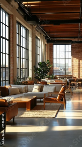 Bright and spacious cafe interior with modern furniture and large windows in ...