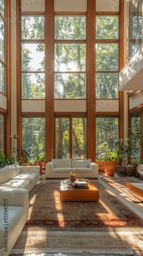 Sunlit modern living room with large windows and cozy furnishings surrounded ...