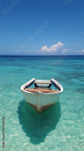 Tranquil boat floating on crystal clear water under a bright blue sky
