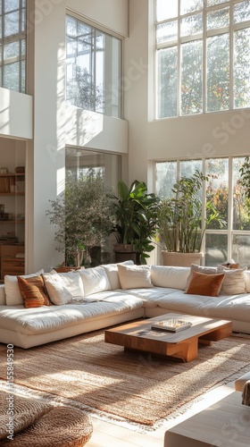 Sunlit modern living room with large windows and cozy furnishings surrounded ...