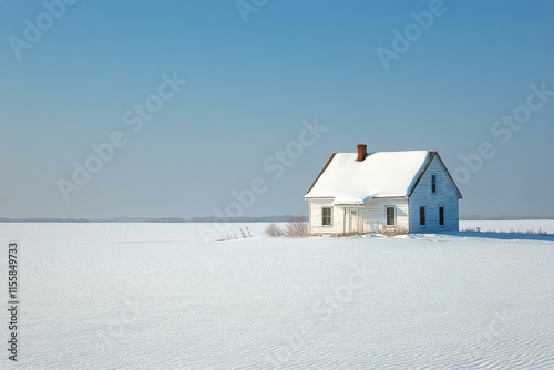 Isolated red house amidst vast snowy landscape under clear blue sky