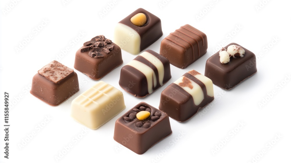 Fototapeta premium Assorted gourmet chocolates with diverse fillings in an elegant arrangement on a clean surface