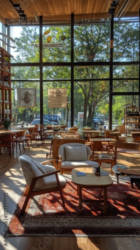 Bright and spacious cafe interior with modern furniture and large windows in ...