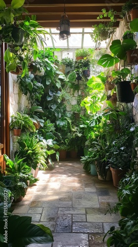 Lush indoor garden pathway surrounded by vibrant greenery and sunlight filter...