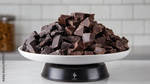 Assorted dark and semisweet chocolate chunks displayed on a kitchen scale highlighting the richness and variety of chocolate options