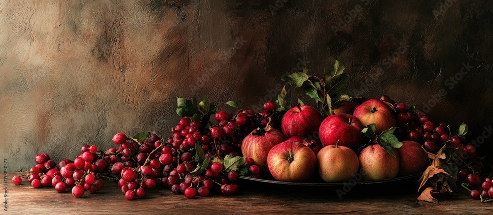 Seasonal Autumn Harvest of Vibrant Fruits and Vegetables on a Rustic Table with Blank Space for Text or Design Elements