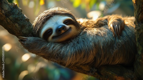 Sloth resting on a branch in a vibrant tropical rainforest during daylight hours