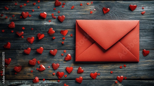 Red envelope surrounded by small heart decorations on wooden surface for roma...