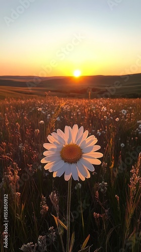 Beautiful sunset over rolling hills with a single daisy in foreground