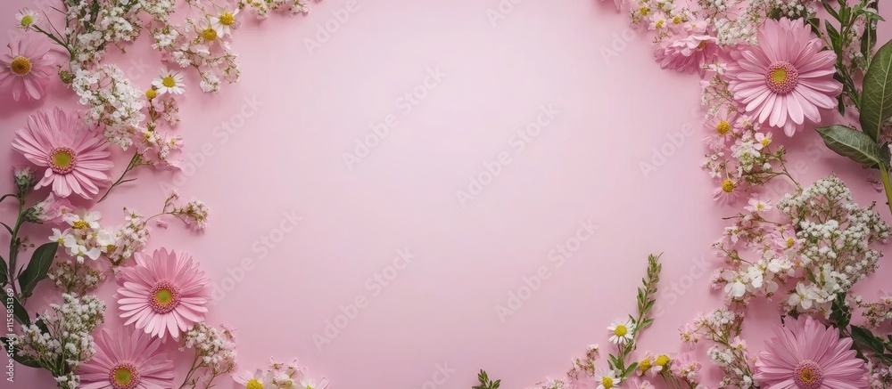 Fototapeta premium Floral border design with pink backdrop featuring spring flowers and ample copyspace for text enhancements or promotional messages