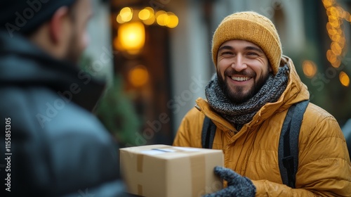 Smiling woman holding a gift box outside a cozy cafe during winter