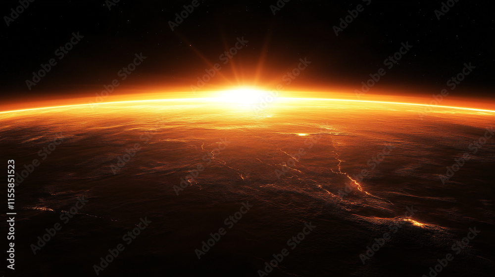 Glowing sunrise over a planet surface in deep space Glowing sunrise over a planet surface in deep space
