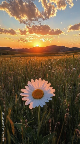 Beautiful sunset over rolling hills with a single daisy in foreground